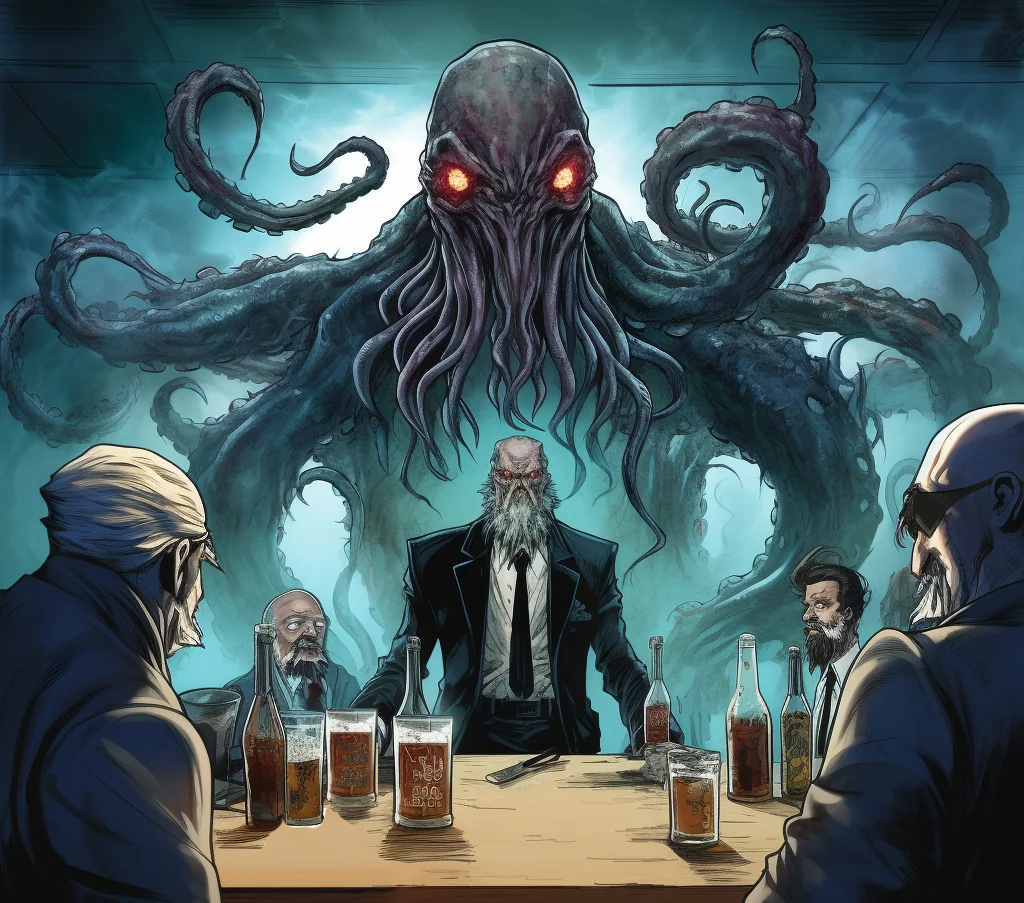 Un poulpe Cthulhu géant et des hommes autour d'une table pour symboliser un afterwork ou un team building d'entreprise